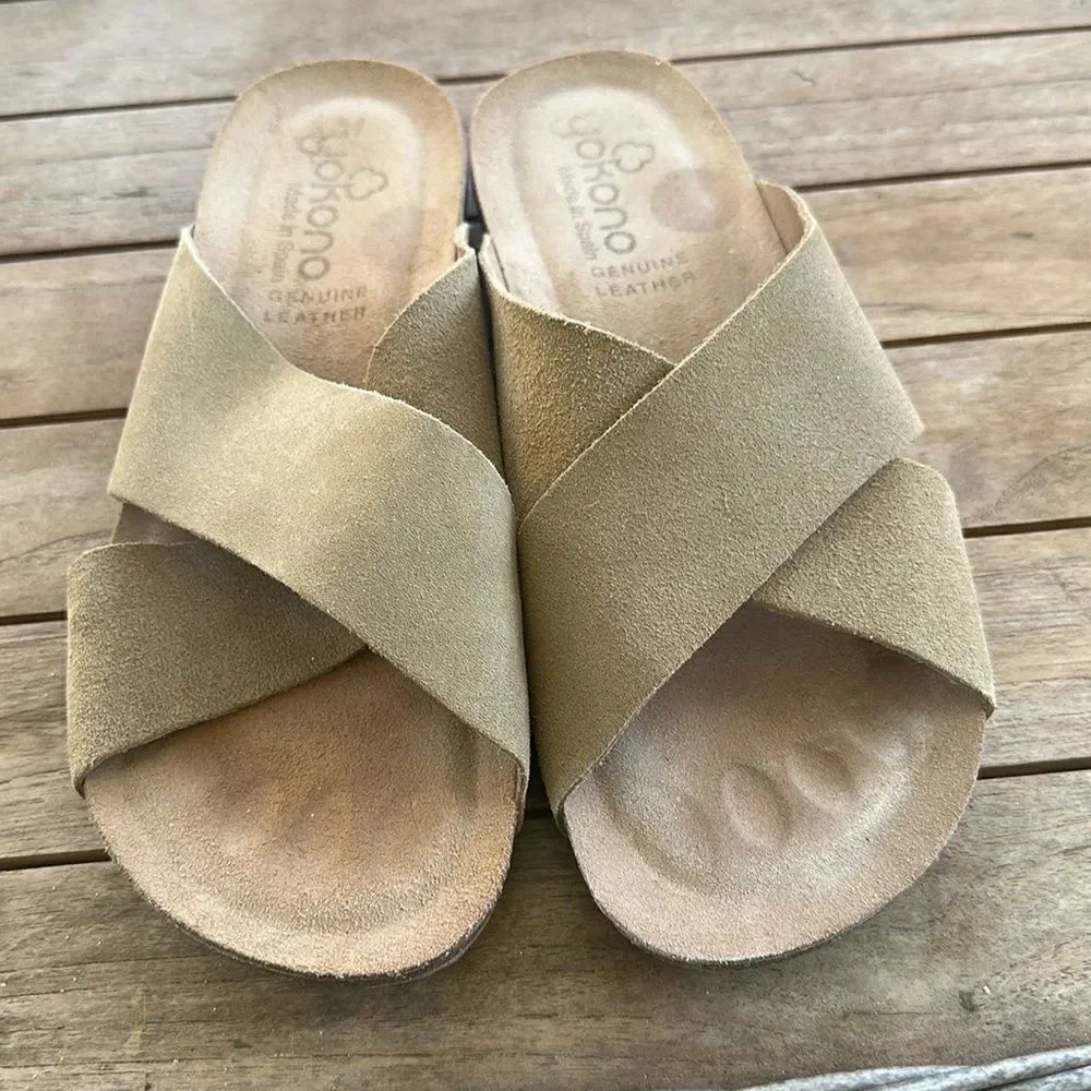 Yokono Tan Suede Crisscross Slide Sandals 9.5